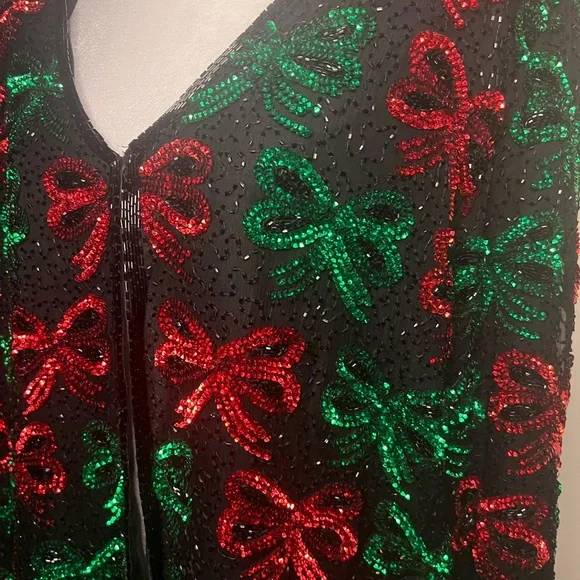 Vintage beaded, sequins Christmas jacket green & red bows silk - Picture 5 of 5